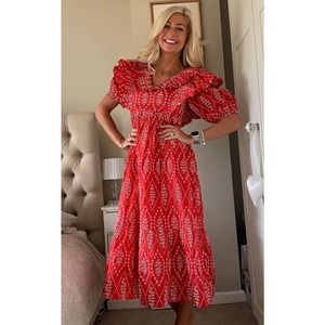 ZARA RED FLORAL MIDI DRESS  CUTWORK EMBROIDERED xs
